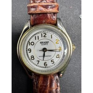 Vintage Sharp Quartz Water Resist Silver Tone Brown Leather Band Watch 398441